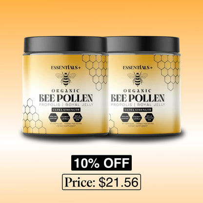 Organic bee pollen capsules for health featuring ultra strength propolis and royal jelly, on sale for $21.56 with 10% off.