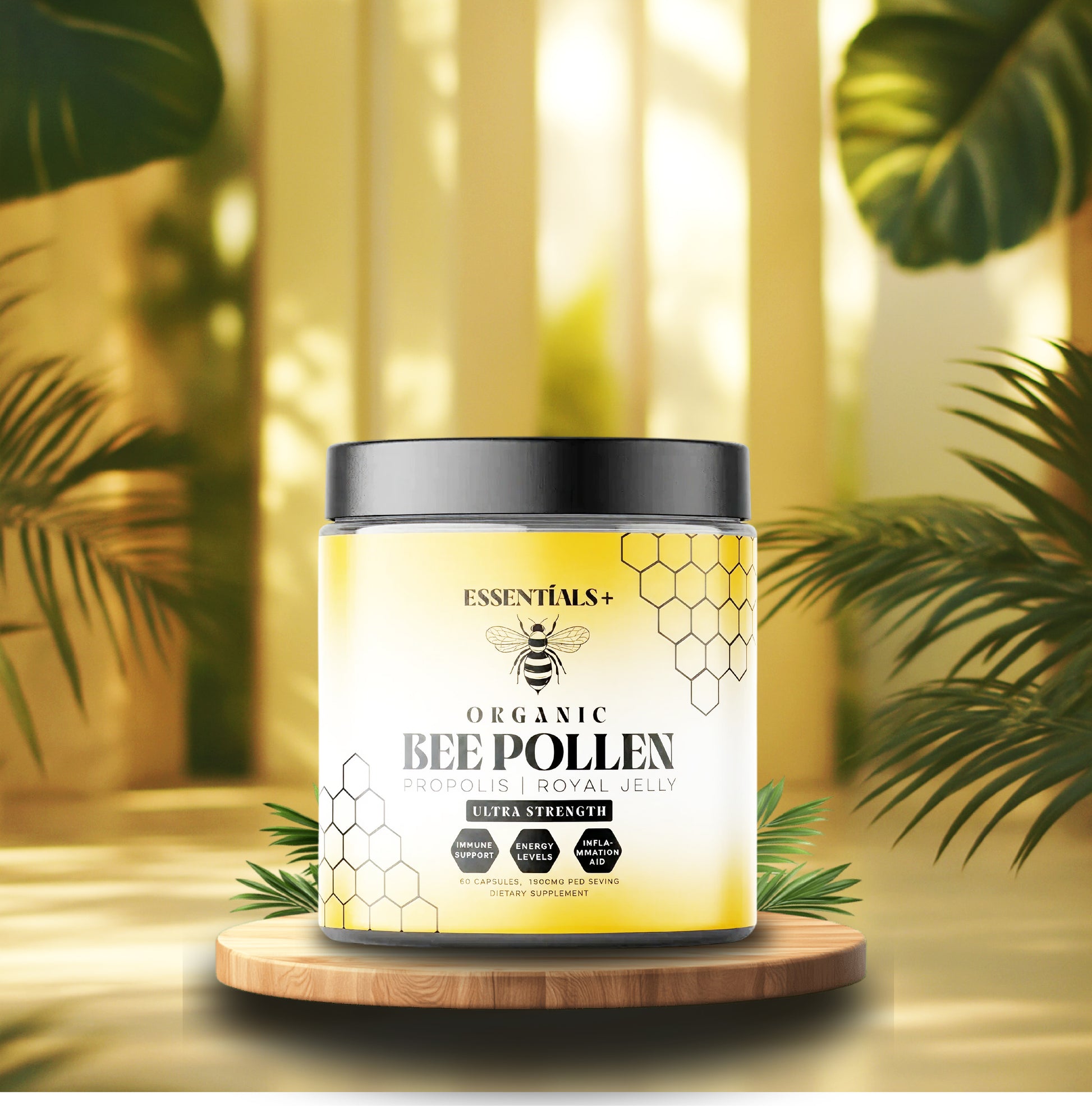 Organic bee pollen capsules for health with propolis and royal jelly in a vibrant container.
