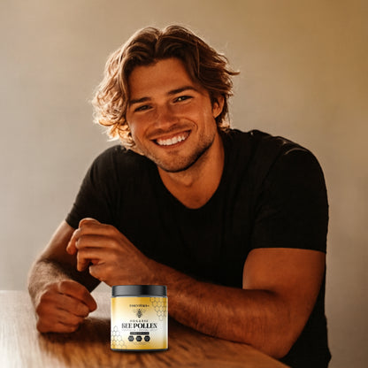 bee pollen capsules for health Bee Pollen Capsules displayed with a smiling man in casual attire.