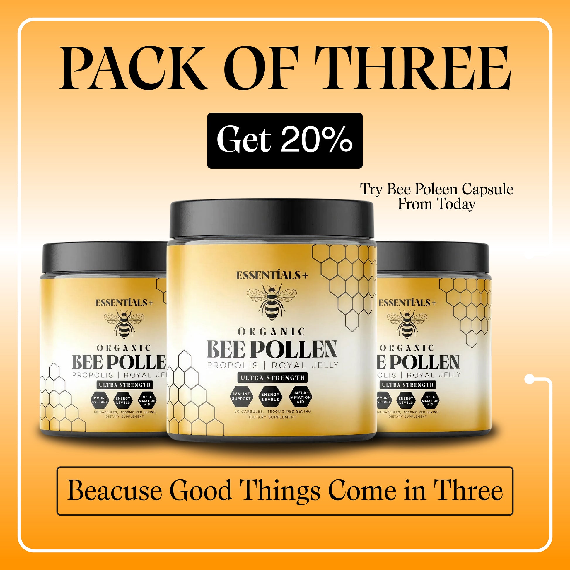 pack of three bee pollen capsules for health with 20% discount offer for vitality and wellness