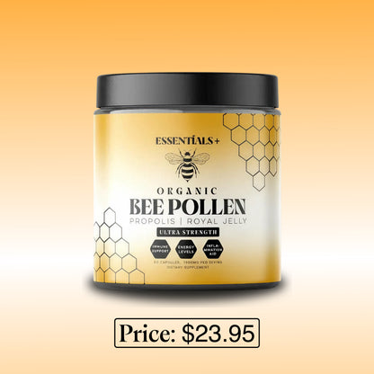 Organic bee pollen capsules for health in a jar with price of $23.95, featuring propolis and royal jelly for vitality.